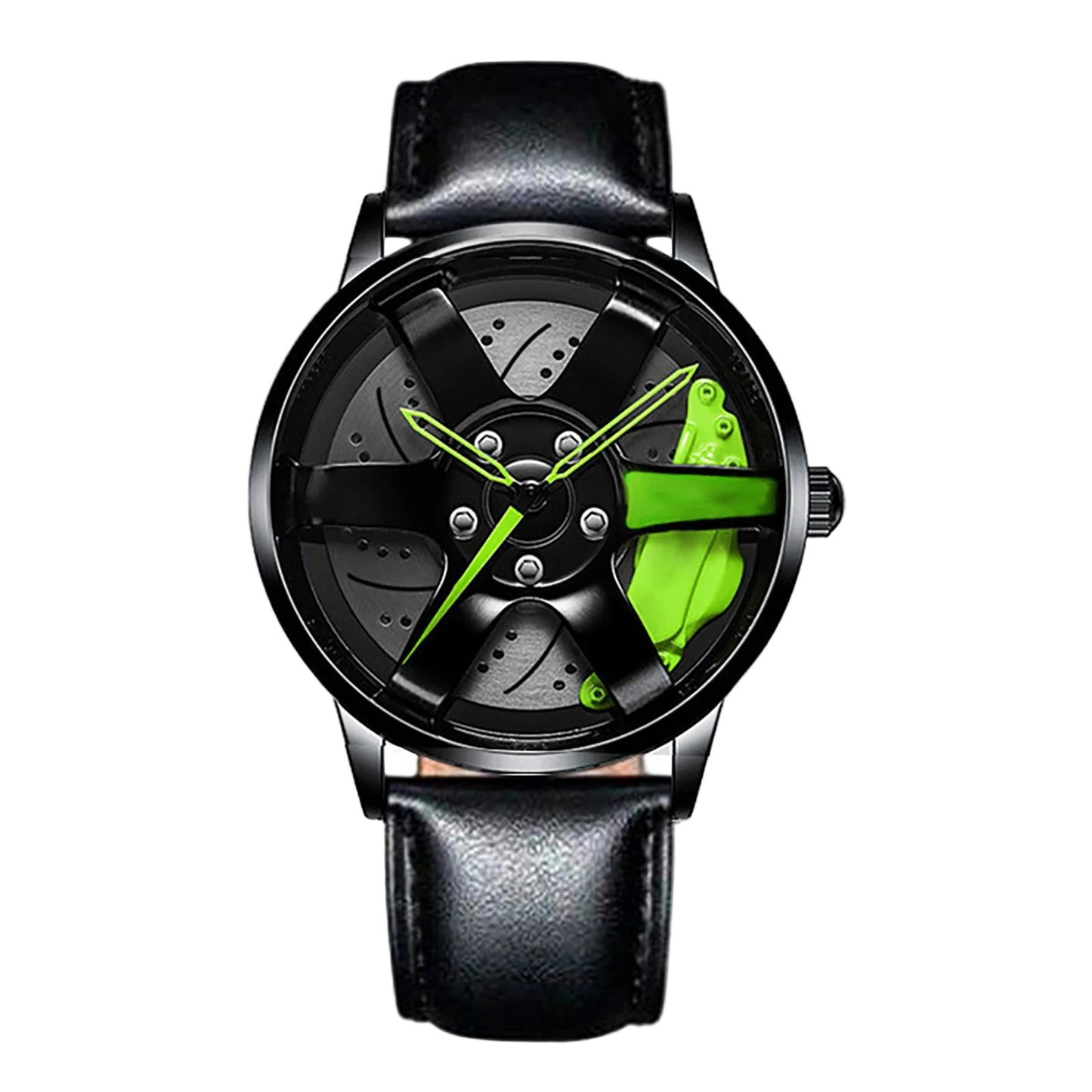 Car wheel rim watch with green brake caliper design and leather strap for men