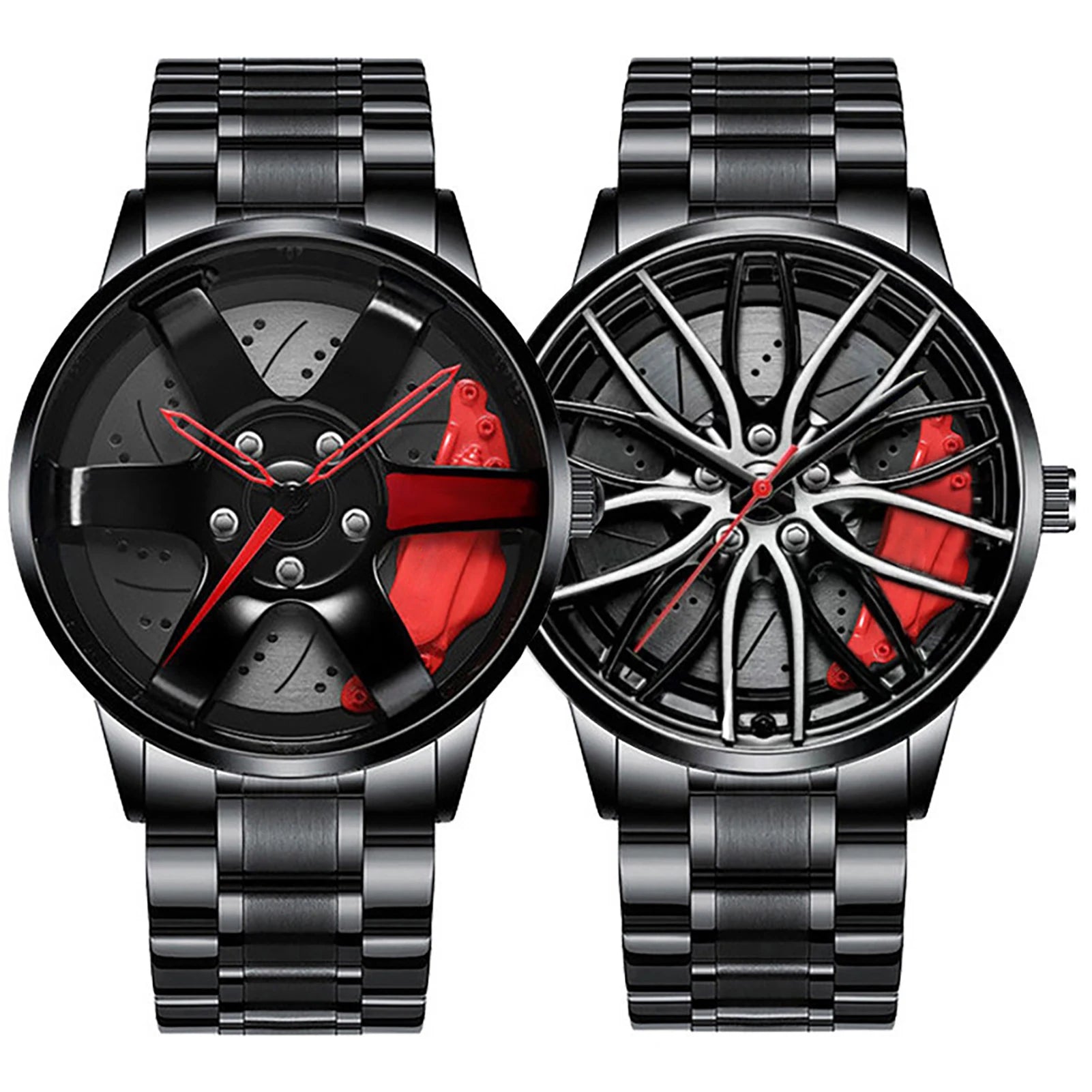 Car wheel rim watch with red brake caliper design and aluminum strap for men