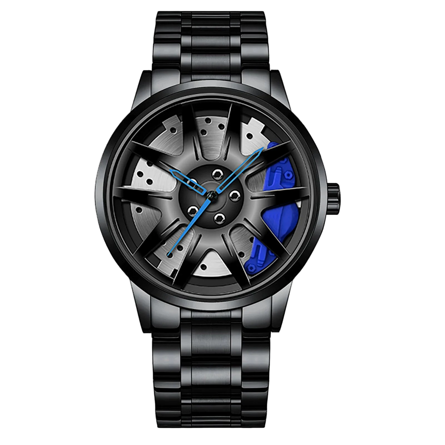Car wheel rim watch with blue brake caliper design and aluminum strap for men