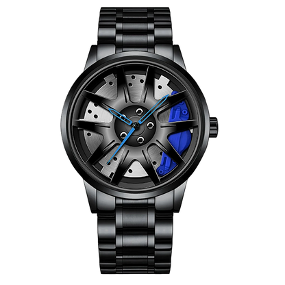 Car wheel rim watch with blue brake caliper design and aluminum strap for men
