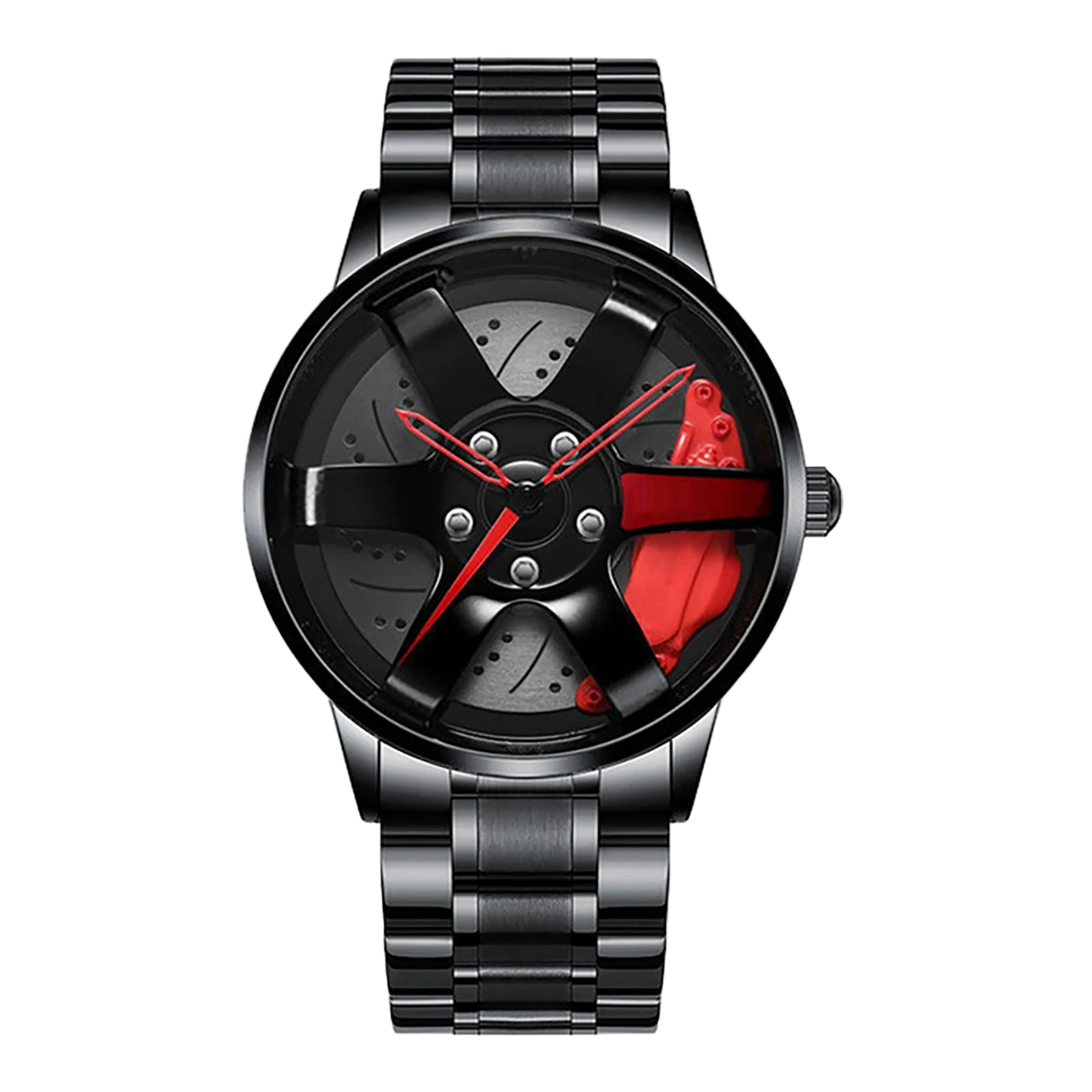 Car wheel rim watch with red brake caliper design and aluminum strap for men