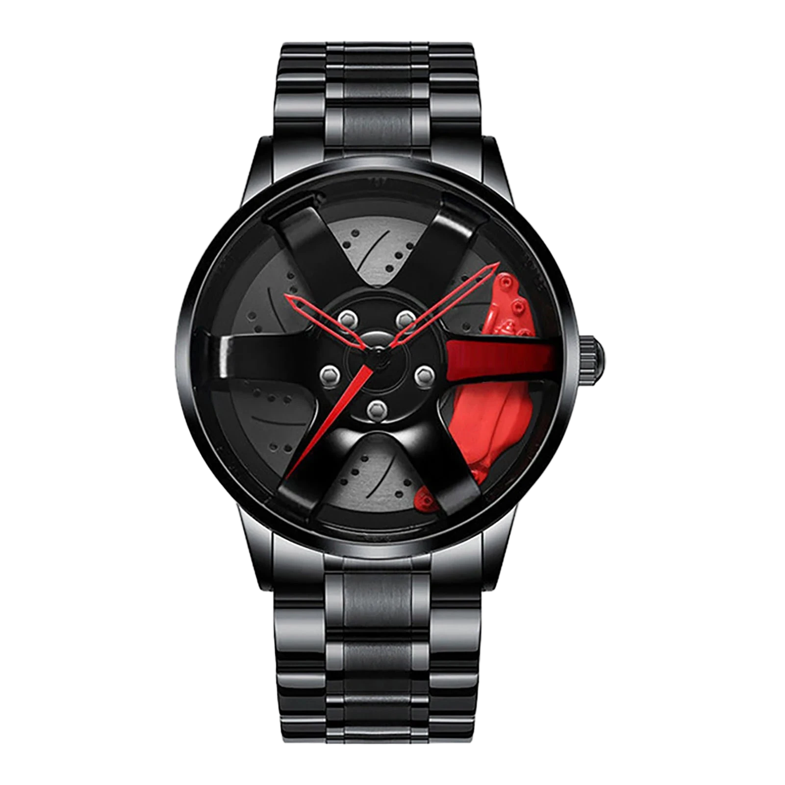 Car wheel rim watch with red brake caliper design and aluminum strap for men