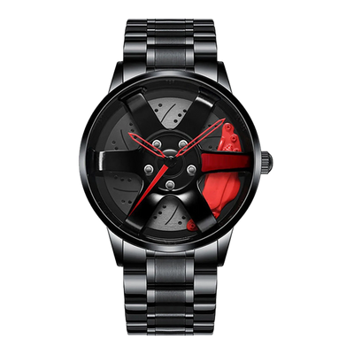 Car wheel rim watch with red brake caliper design and aluminum strap for men