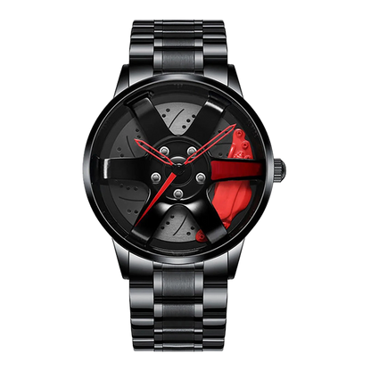 Car wheel rim watch with red brake caliper design and aluminum strap for men