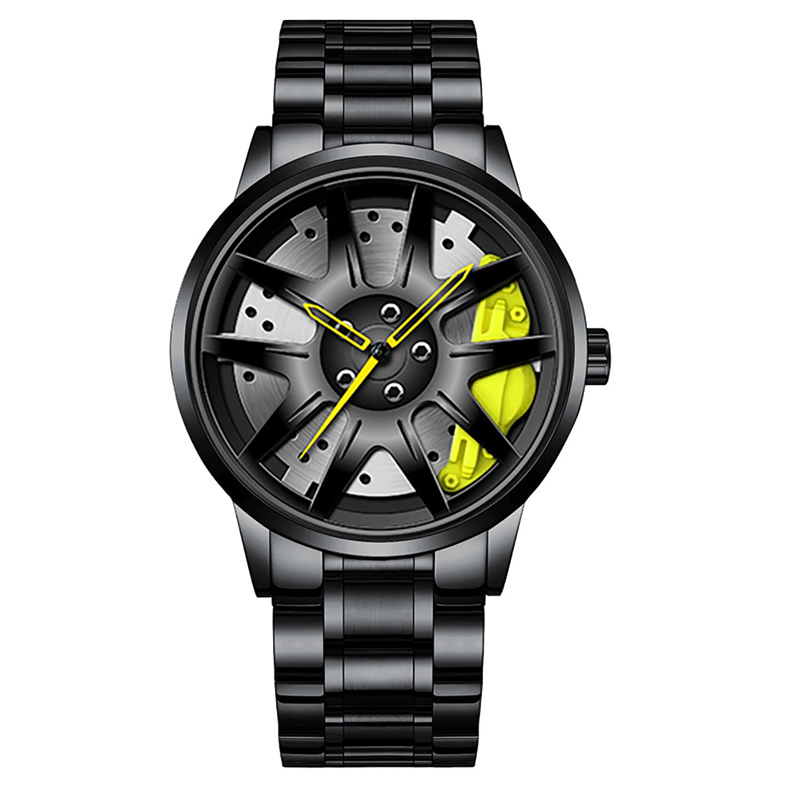Car wheel rim watch with neon brake caliper design and aluminum strap for men