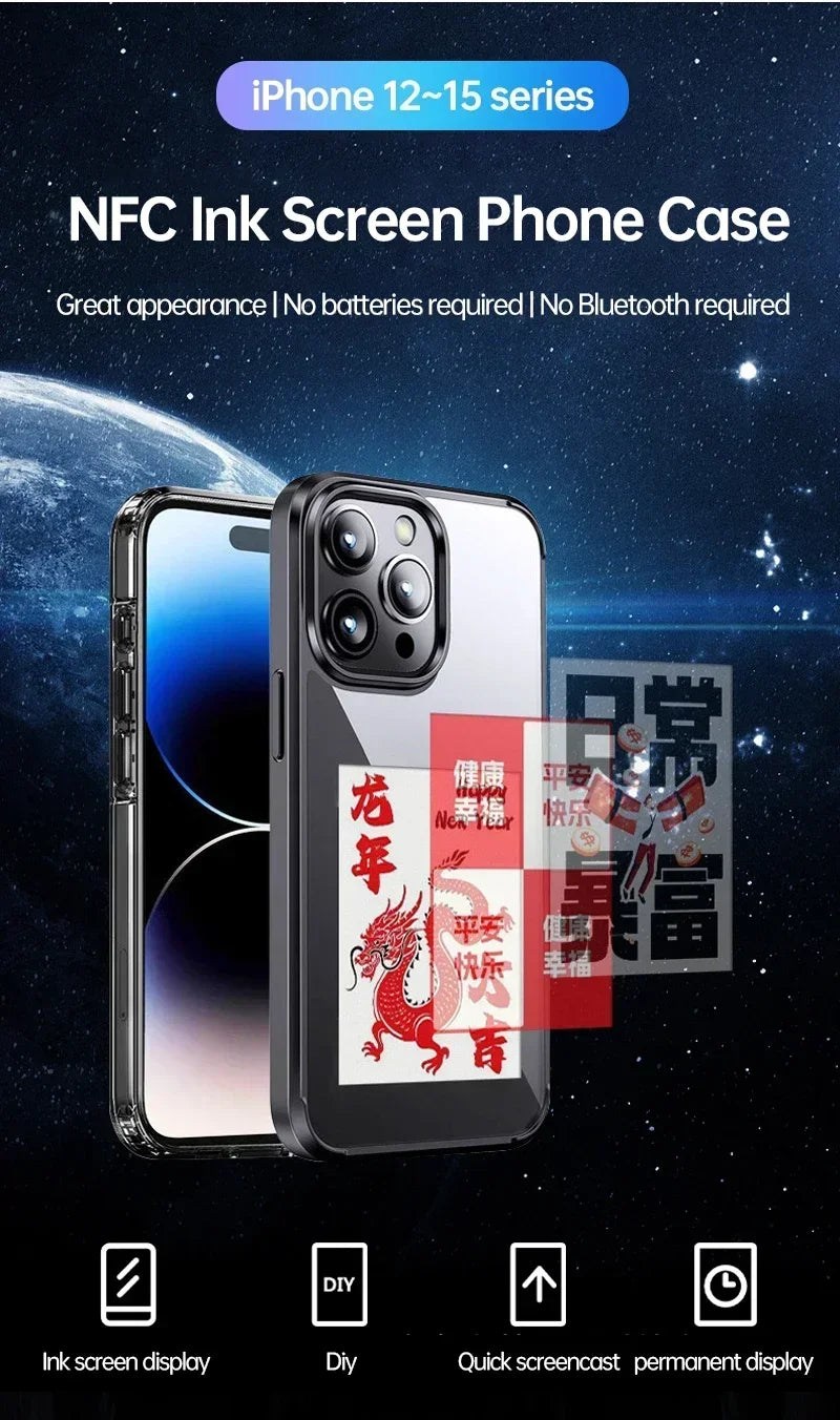 Eink Screen Smart NFC Refesh Phone Case for IPhone 16 15 14 13 Pro Max DIY Eink Back Display Protection Case Battery Free