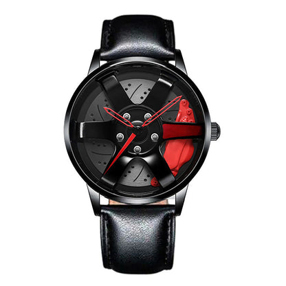 Car wheel rim watch with red brake caliper design and leather strap for men