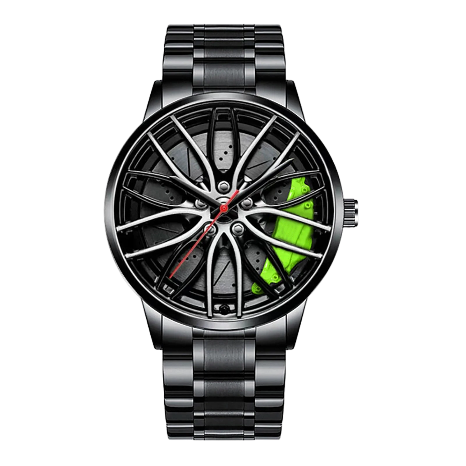 Car wheel rim watch with green brake caliper design and aluminum strap for men