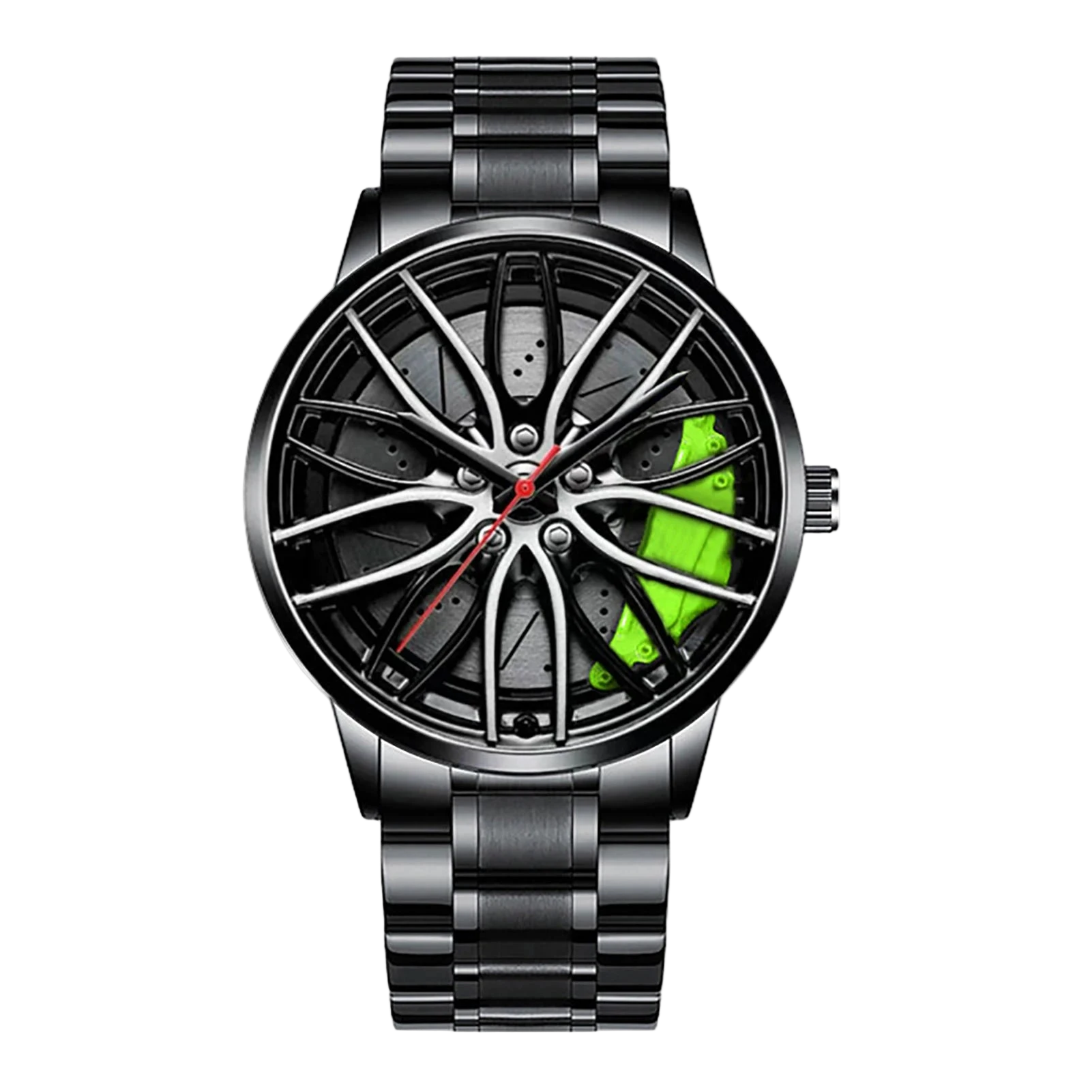 Car wheel rim watch with green brake caliper design and aluminum strap for men
