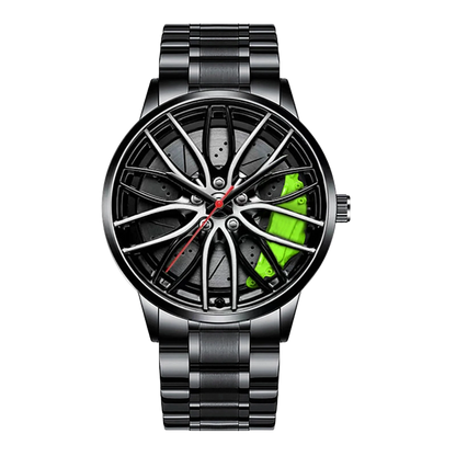 Car wheel rim watch with green brake caliper design and aluminum strap for men