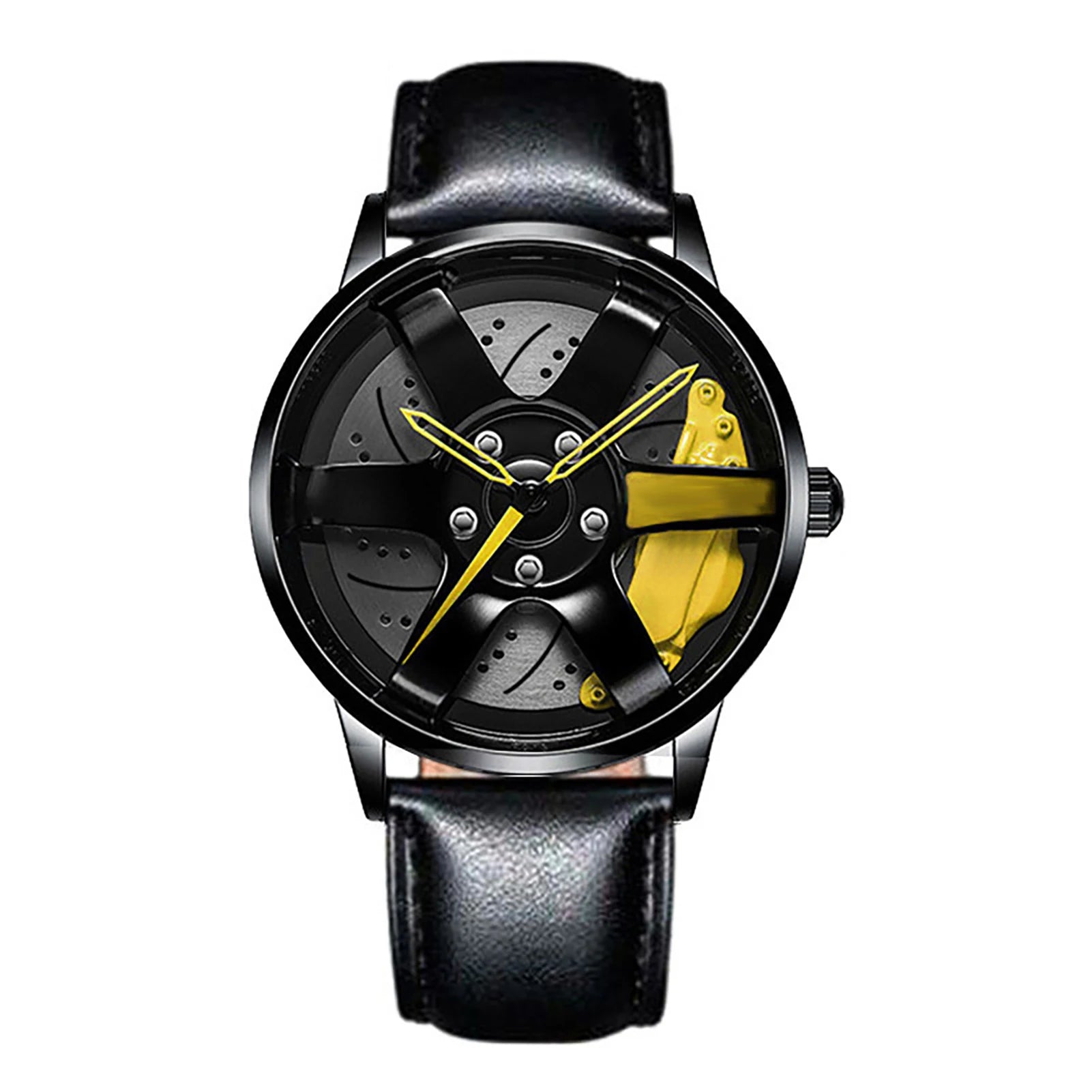 Car wheel rim watch with yellow brake caliper design and leather strap for men