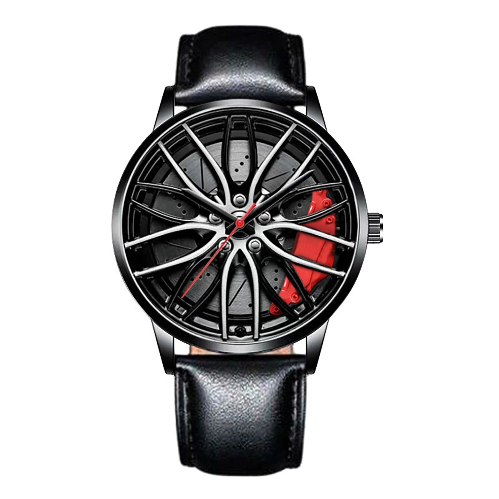 Car wheel rim watch with red brake caliper design and leather strap for men