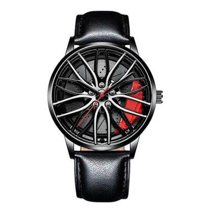 Car wheel rim watch with red brake caliper design and leather strap for men