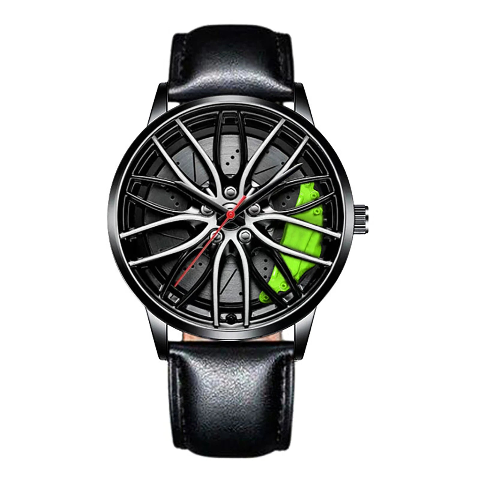 Car wheel rim watch with green brake caliper design and leather strap for men
