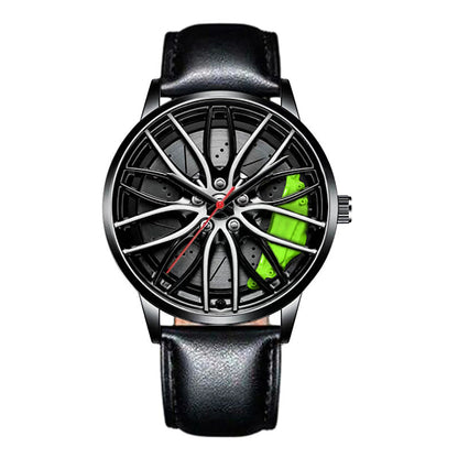 Car wheel rim watch with green brake caliper design and leather strap for men