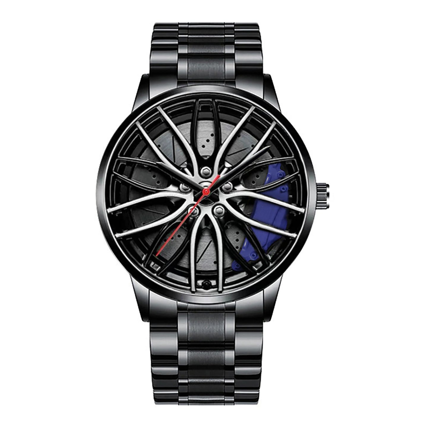 Car wheel rim watch with blue brake caliper design and aluminum strap for men