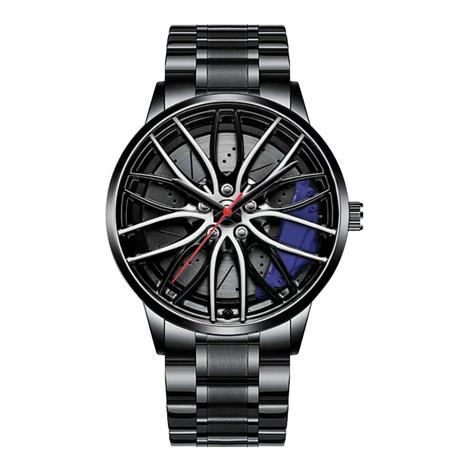 Car wheel rim watch with blue brake caliper design and aluminum strap for men