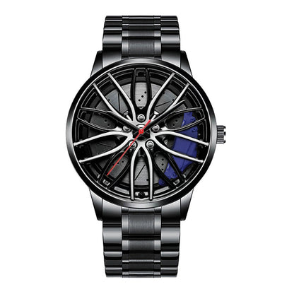 Car wheel rim watch with blue brake caliper design and aluminum strap for men