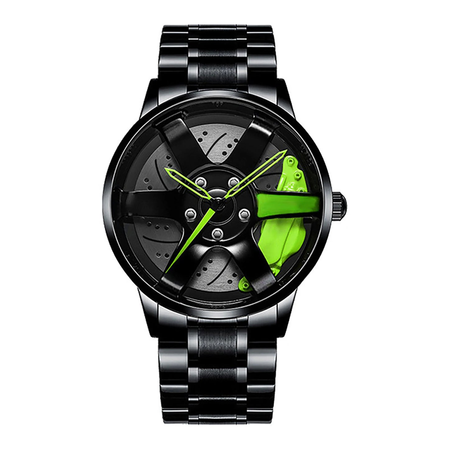 Car wheel rim watch with green brake caliper design and aluminum strap for men