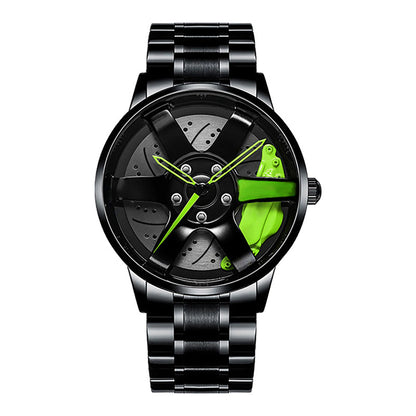 Car wheel rim watch with green brake caliper design and aluminum strap for men