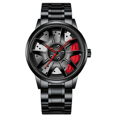 Car wheel rim watch with red brake caliper design and aluminum strap for men