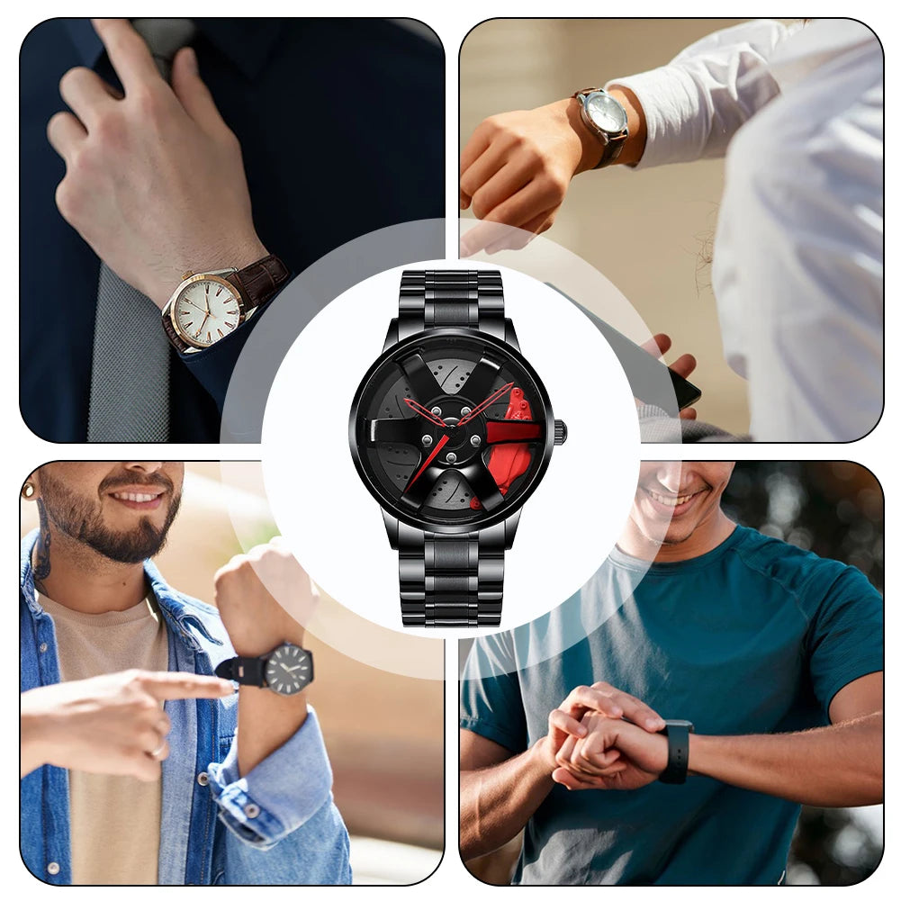 Collage of people wearing watches with a focus on a black watch with a red face car rim.