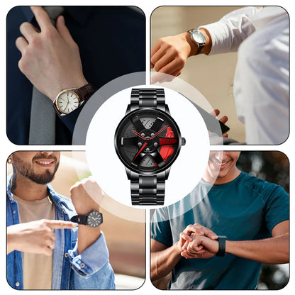 Collage of people wearing watches with a focus on a black watch with a red face car rim.