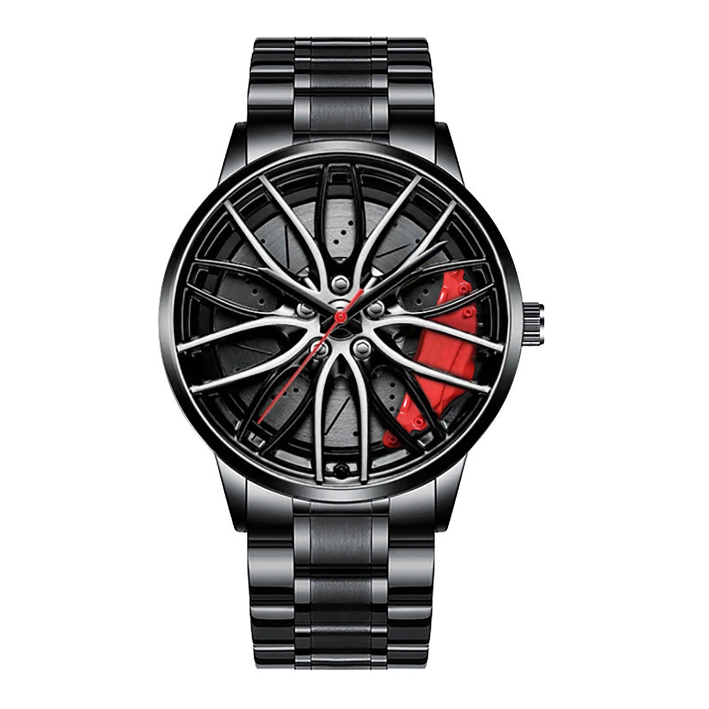 Car wheel rim watch with red brake caliper design and aluminum strap for men