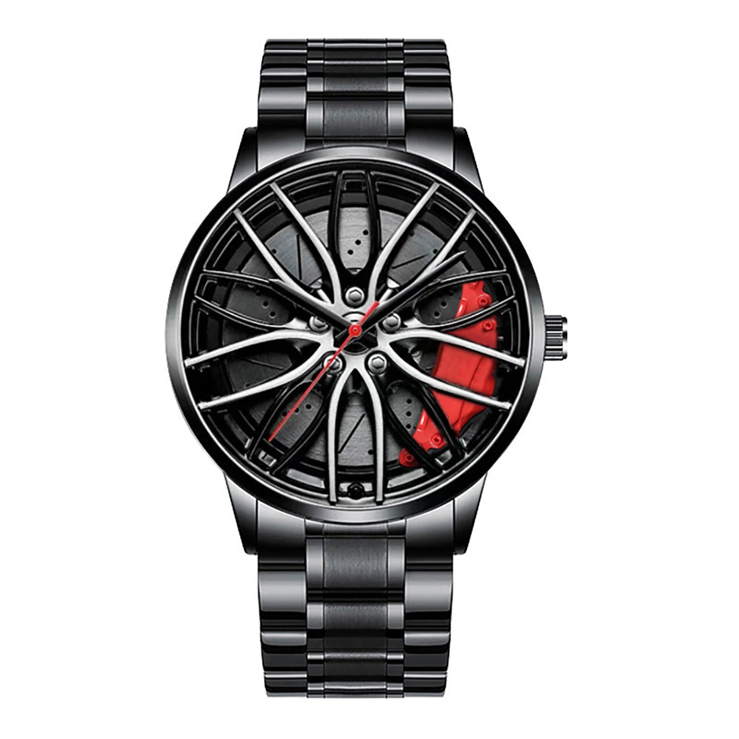 Car wheel rim watch with red brake caliper design and aluminum strap for men