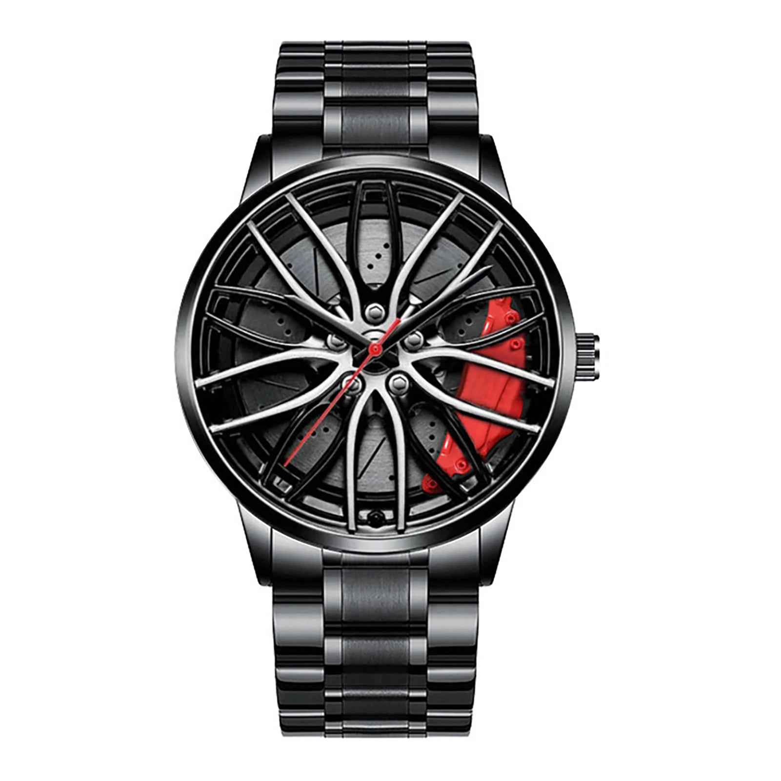 Car wheel rim watch with red brake caliper design and aluminum strap for men