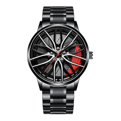 Car wheel rim watch with red brake caliper design and aluminum strap for men