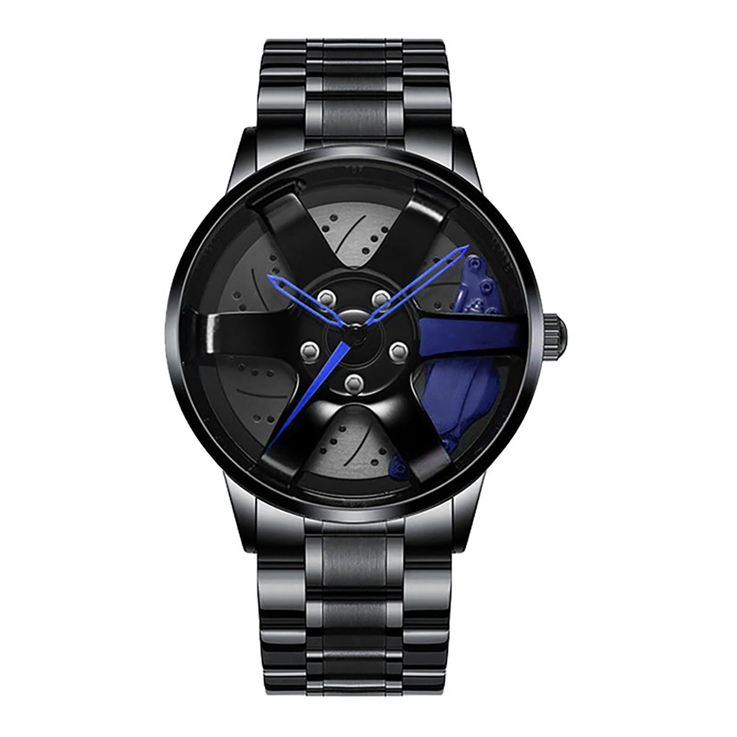 Car wheel rim watch with blue brake caliper design and aluminum strap for men
