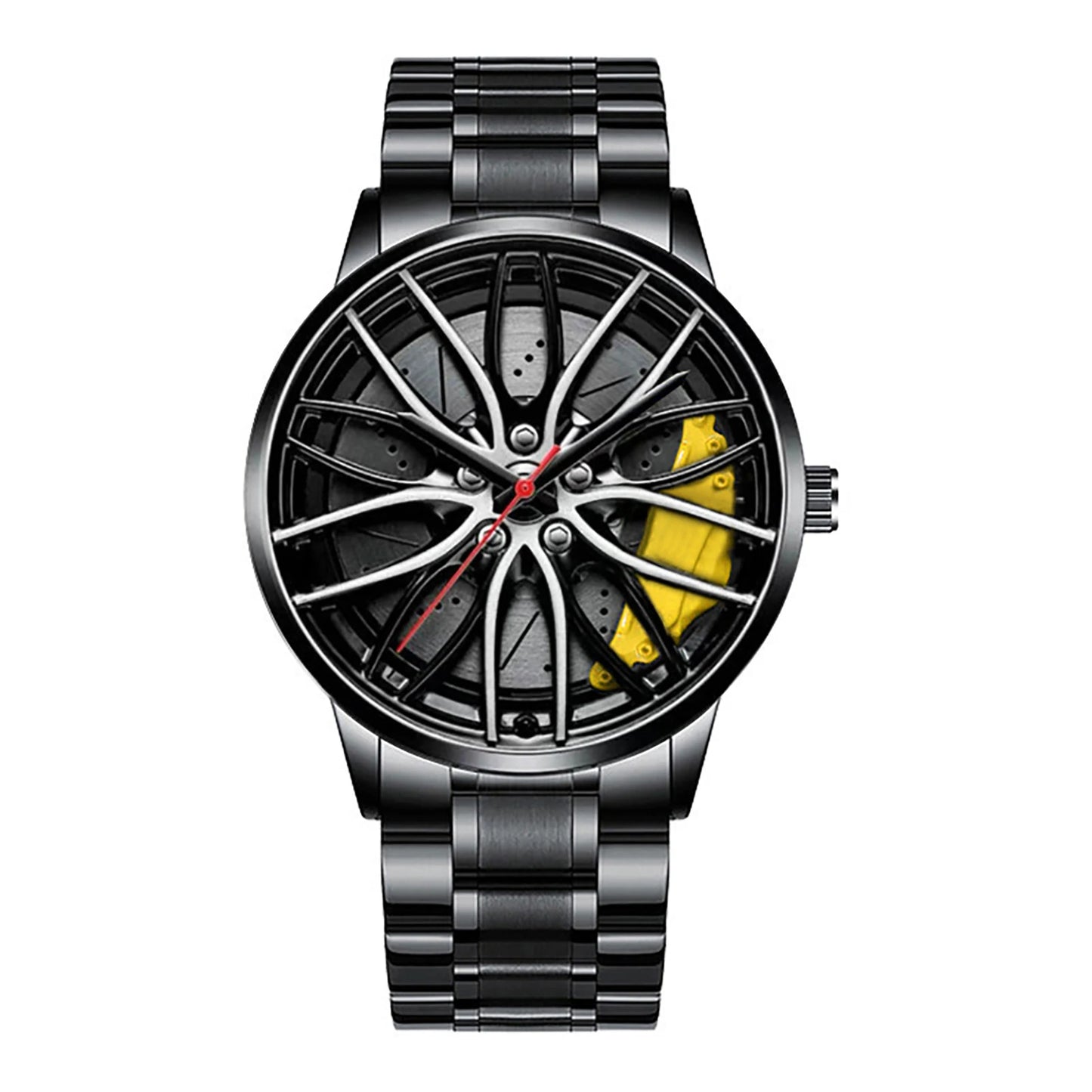 Car wheel rim watch with yellow brake caliper design and aluminum strap for men