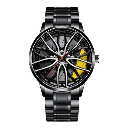 Car wheel rim watch with yellow brake caliper design and aluminum strap for men