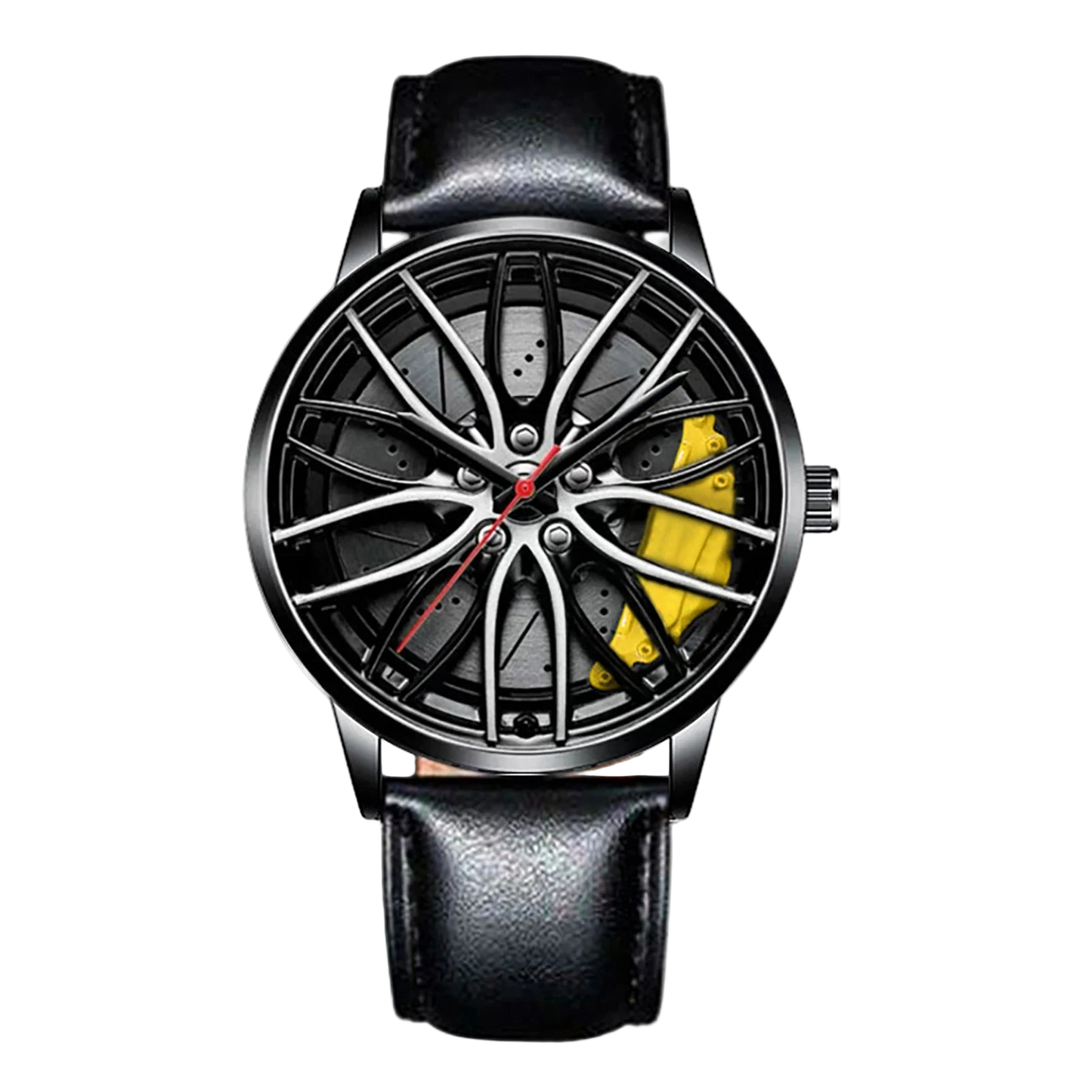 Car wheel rim watch with yellow brake caliper design and leather strap for men