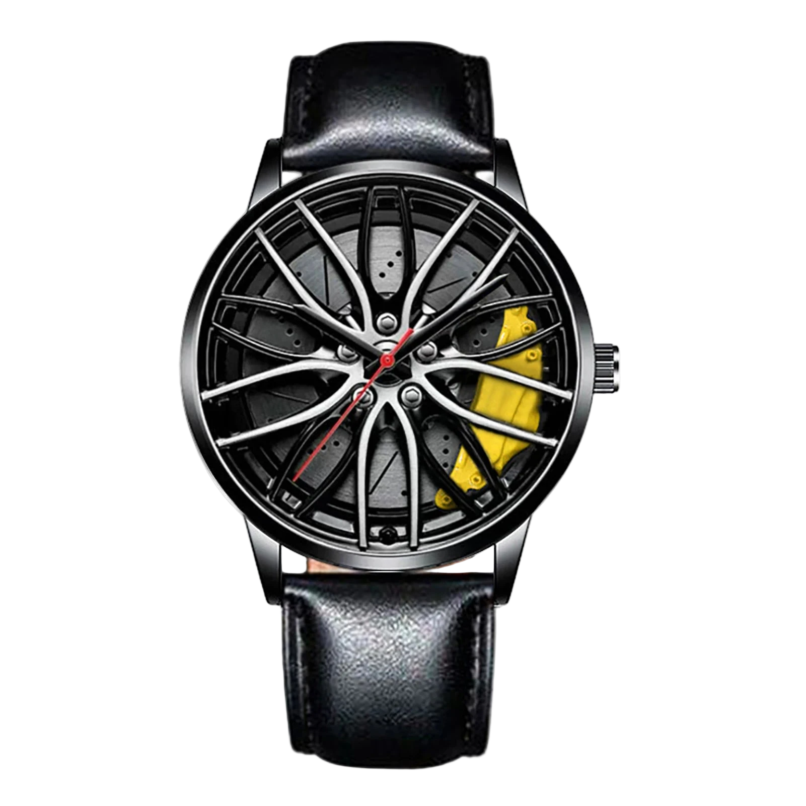 Car wheel rim watch with yellow brake caliper design and leather strap for men