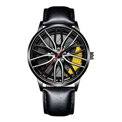 Car wheel rim watch with yellow brake caliper design and leather strap for men