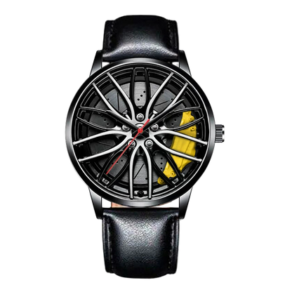 Car wheel rim watch with yellow brake caliper design and leather strap for men