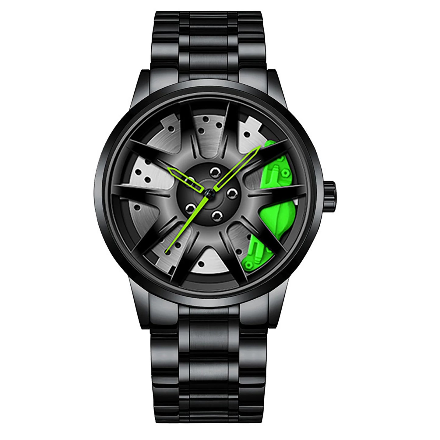Car wheel rim watch with lime green brake caliper design and aluminum strap for men