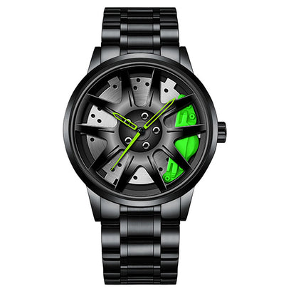 Car wheel rim watch with lime green brake caliper design and aluminum strap for men