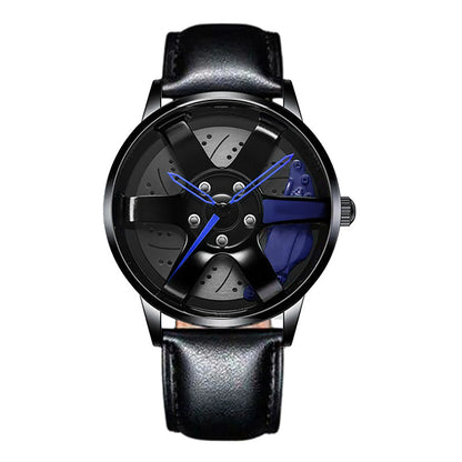 Car wheel rim watch with blue brake caliper design and aluminum strap for men
