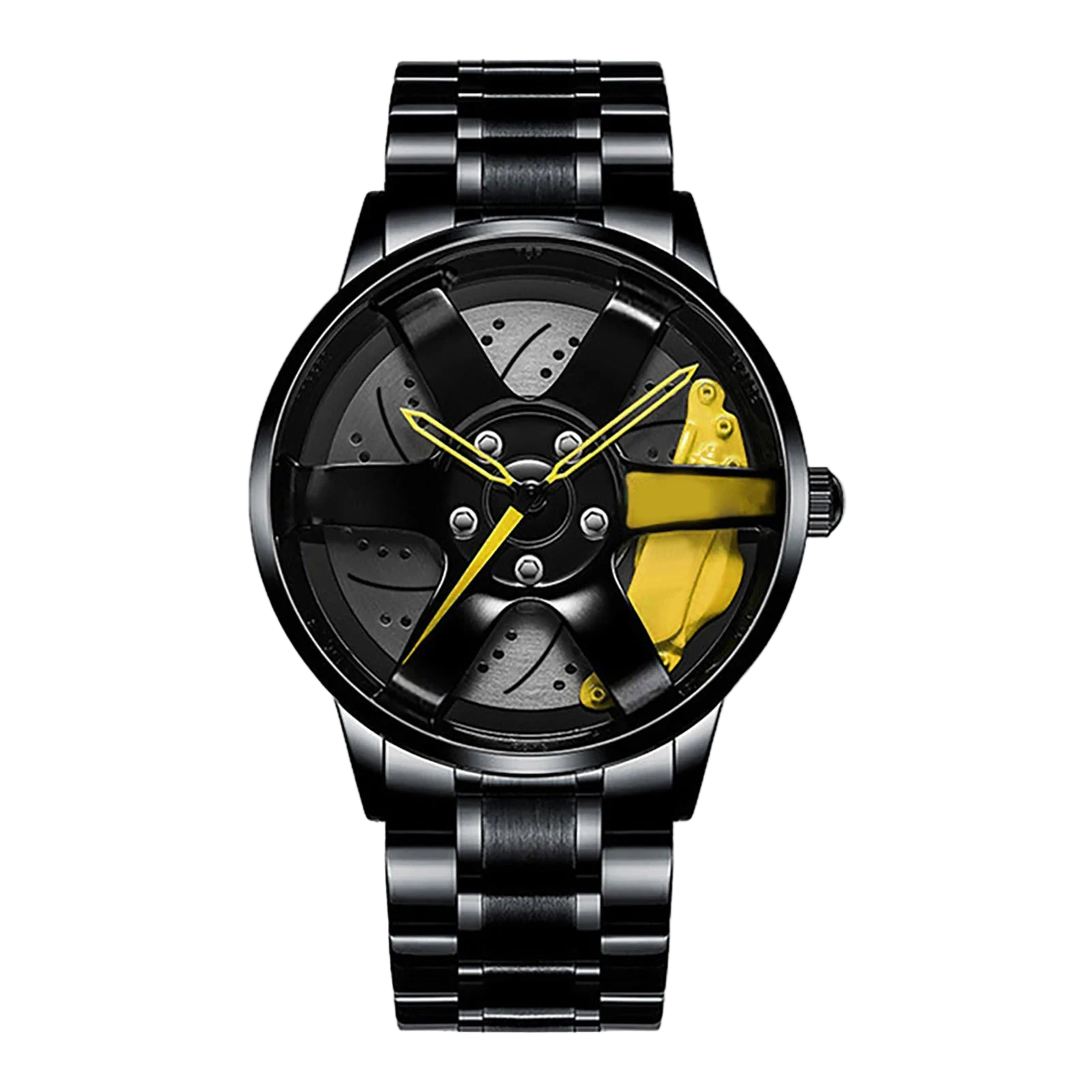 Car wheel rim watch with yellow brake caliper design and aluminum strap for men