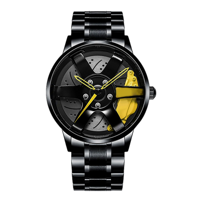 Car wheel rim watch with yellow brake caliper design and aluminum strap for men